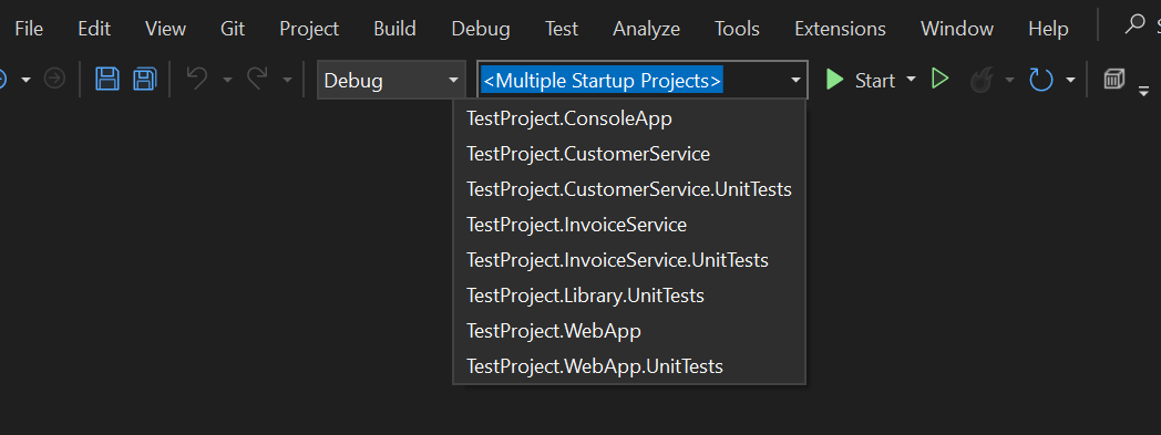 Startup Projects list in toolbar